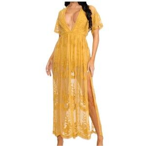 Wicky LS Yellow Lace Short Sleeve Plunge V-Neck Long Maxi Dress Size XL Fairy